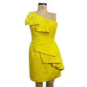 Shoshanna yellow one shoulder abstract ruffle silk/cotton dress size 8 NWT - Picture 1 of 8