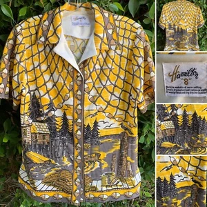 Vintage Hamilton 8 Forest Cabin Boat Water Nature Mod 60s MCM Blouse Top Shirt - Picture 1 of 24