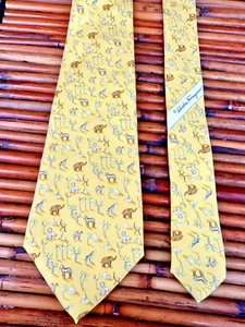 Salvatore Ferragamo Tie Necktie Oasis Giraffe Elephant Zebra Gold 58.5" x 3.75" - Picture 1 of 5