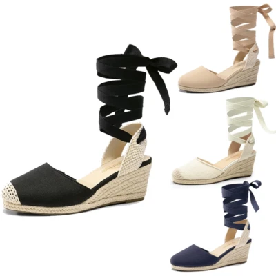 Women Espadrilles Wedge Sandals Close Toe Lace Up Strappy Vacation Dress Sandals - Image 1 of 4
