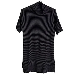 Eileen Fisher XS Mock Tunic Top Sweater Black Grey Stripe Short Sleeve Coastal - Picture 1 of 7