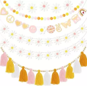 5Pcs Groovy Hippie Garland Boho Daisy Tassel Pom Pom Party Decorations - Picture 1 of 7