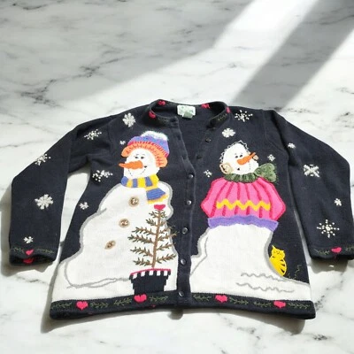 Cárdigan Suéter Vintage Quacker Factory S Muñeco de Nieve Mirando Gato Vacaciones de Navidad Foto 1 de 4