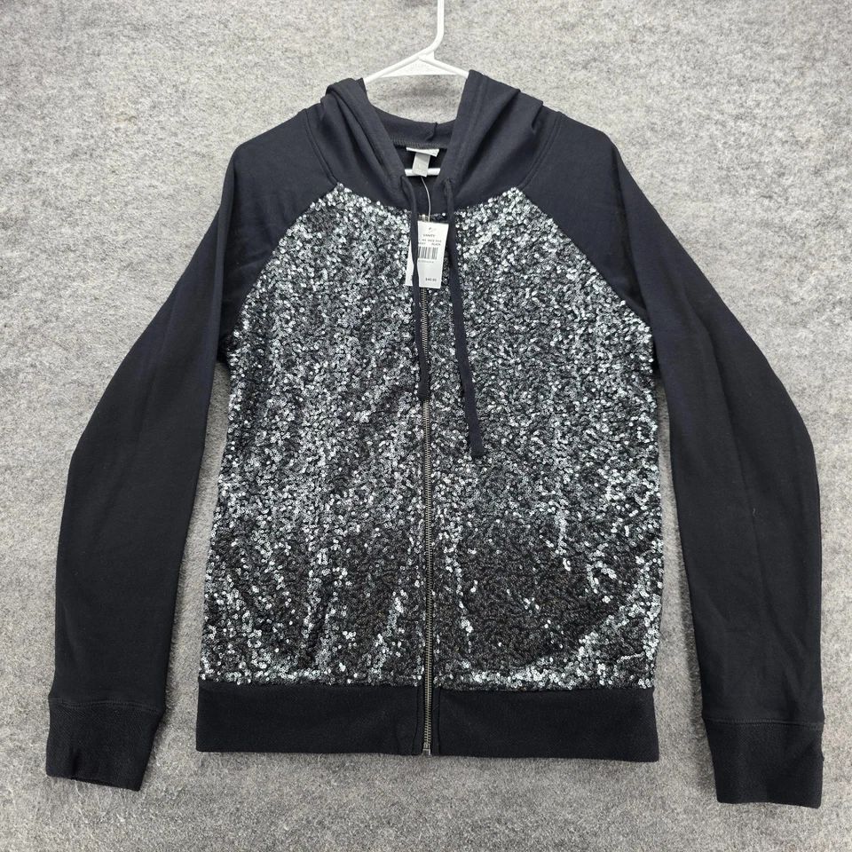 Vanity Hoodie Womens Large Black Sequin Front Full Zip Sweatshirt Jacket Raglan - Image 1 of 4