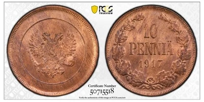 1917 FINLAND 10 PEN PCGS MS65RB KERENSKI GOV. ISSUE, KM-18 - Image 1 of 4