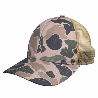 Orvis 钓鱼卡车司机帽,迷彩图案黑色棕褐色网眼黑色 UV 平沿帽狩猎 — 第 1/4 张图片