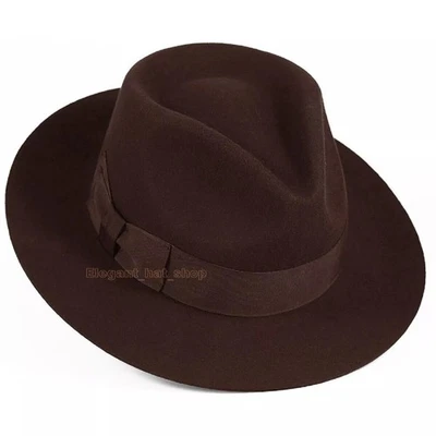 New Indiana Jones Fedora Hat Brown Fedora Hat 100% Wool Felt - Photo 1/4