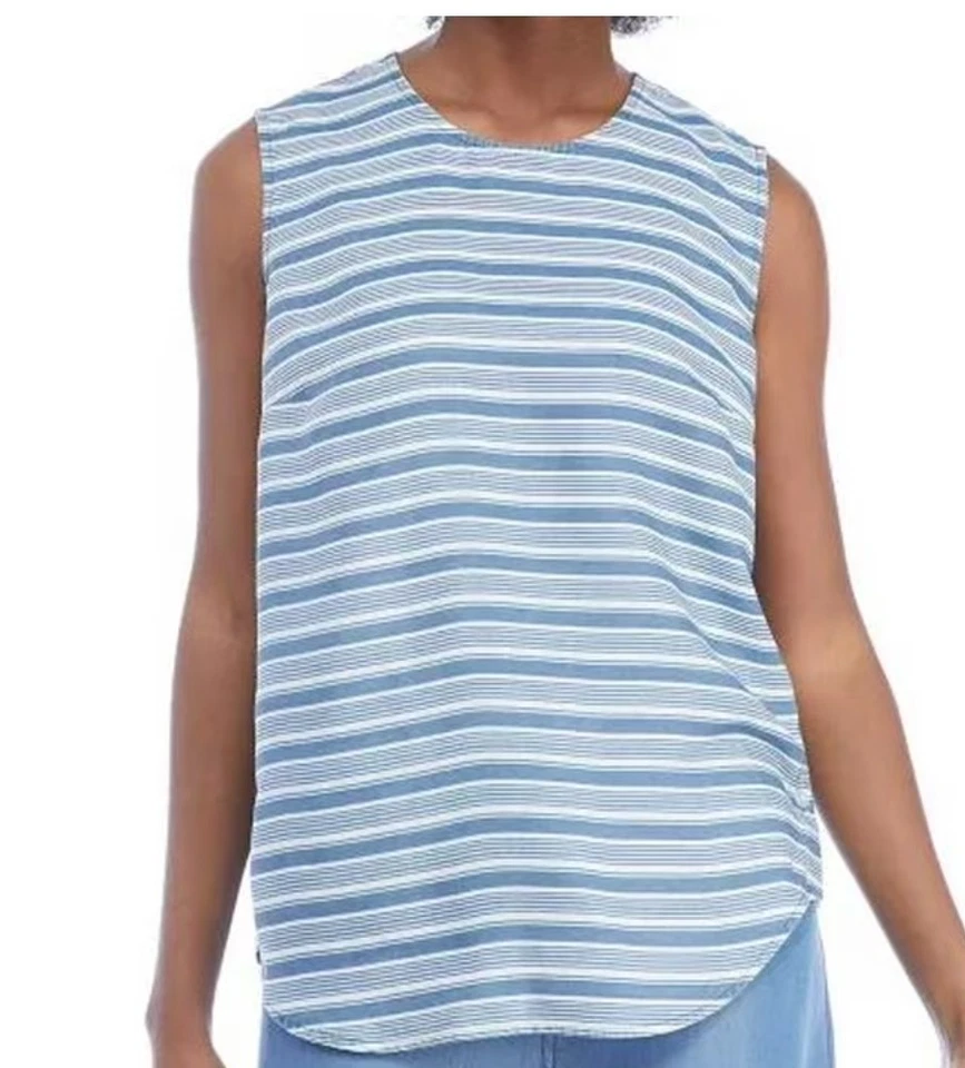 Camiseta sin mangas Sharagano azul y blanco a rayas sin mangas con botones laterales para mujer XL Foto 1 de 4