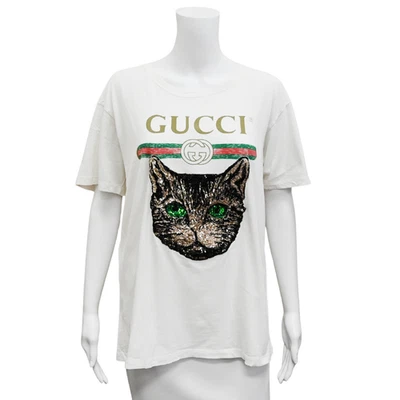 GUCCI | Camiseta Gato Lentejuelas Algodón Blanco Talla S Foto 1 de 4