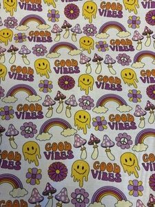 3 Metres Rainbow Toadstool Smiley Floral Printed Cotton Fabric. - Picture 1 of 5