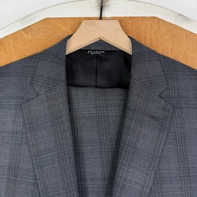 Traje Jos A Bank Para Hombre 42L Gris Cuadros 2 Botones Viajero 100% Lana Pantalones 36x31 Foto 1 de 4