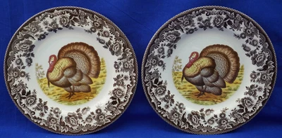 Spode Woodland Turkey (2) Salad Plates, 7 3/4" More Available England (G55)
