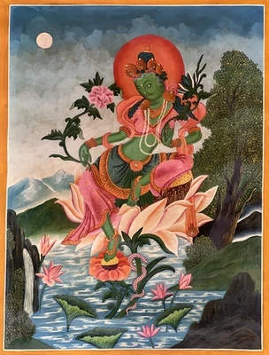 TARA VERDE AHUMADA NEWARI PAUBHA THANGKA - ARTE BUDISTA ORIGINAL PINTADO A MANO Foto 1 de 4