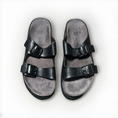 Sandalias Mephisto Doble Correa Cuero Negro Hebilla Talla EU 36/6 EE. UU. Cama Corcho Foto 1 de 4
