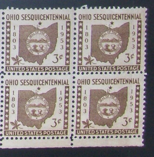 US 3¢ stamp Ohio Sesquicentennial Statehood SC #1018 MNH 1953 block of 4. - Image 1 of 1