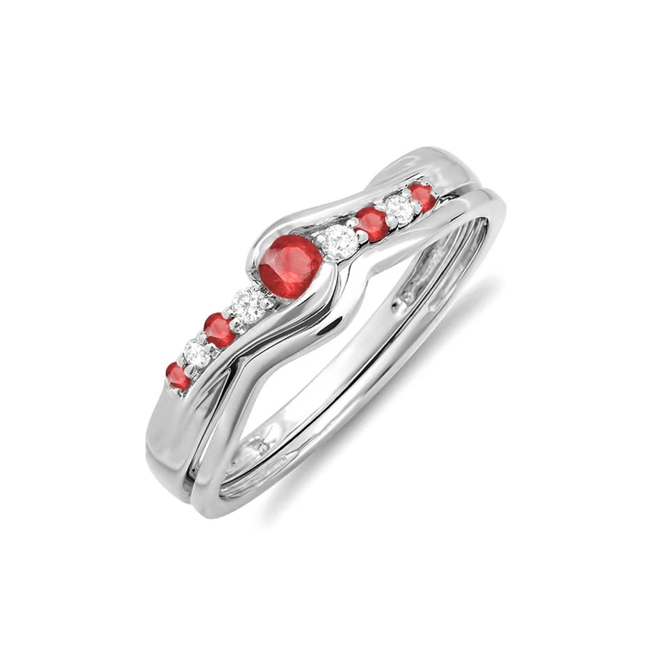 Juego de anillos de boda redondos de circonita cúbica roja y granate rojo de 1/2 quilate en plata de ley 925 maciza Foto 1 de 1