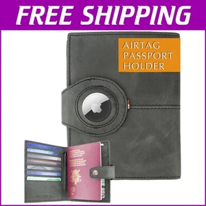 Porta pasaporte de cuero RFID con ranura AirTag - capacidad para 7 tarjetas, negro cepillado - Imagen 1 de 7