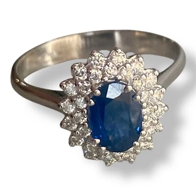 Anillo Princesa En Oro Blanco Con Zafiro y Diamante - Imagen 1 de 4