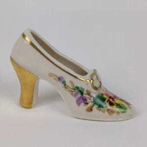 PASCO Ceramic High Heel Shoe Miniature Hand Painted Floral Gold Leaf Figural Vtg - Picture 1 of 7