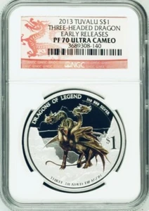 2013 dreiköpfige Drache Tuvalu Silbermünze NGC PF 70 UC Frühveröffentlichung 1 Unze 0,999 - Bild 1 von 2