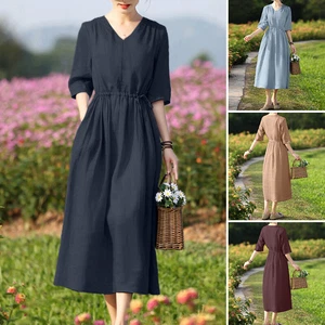 ZANZEA UK Womens Summer Short Sleeve V Neck A Line Drawstring Waist Midi Dress