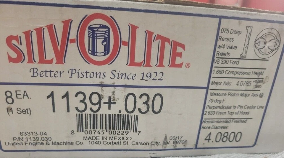 Juego de 8 pistones Silvolite 1139+.030 V8 390 Ford 6.4L 1968 - 1976 Foto 1 de 4