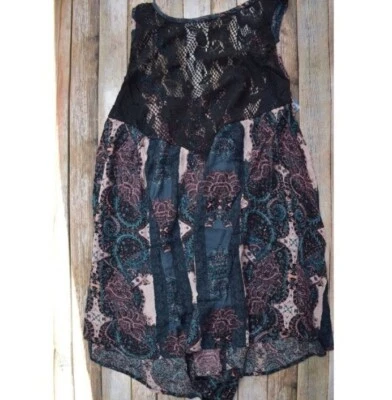 Free People Women's Small Count Me In Lace Trapeze Tank Top Black Combo Paisley - Image 1 of 4
