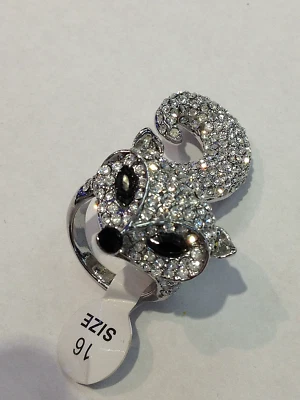 CUTE FOX ANIMAL  SILVER TONE  BIG RING  SPARKLE WHITE & BLACK STONES  Size 7 NEW - Image 1 of 4