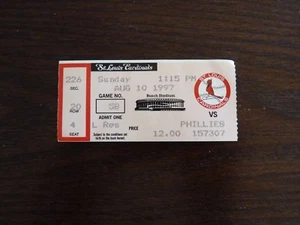 St Louis Cardinals Baseball Used Ticket Stub Aug 10 1997 Vs Phillies - Picture 1 of 1