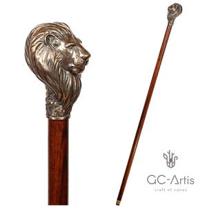 Lion Top Walking Stick Brass Cane Metal Bronze handle wooden shaft Vintage Style - Picture 1 of 16