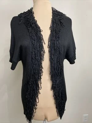 Cárdigan negro Mac Jac para mujer cuello con flecos talla S frente abierto suéter Foto 1 de 4