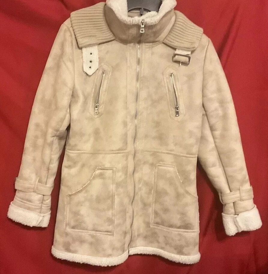 Chaqueta Abrigo STEVE MADDEN Beige Imitación Gamuza Cuero Sherpa Piel de Oveja 3/4 LG Foto 1 de 4