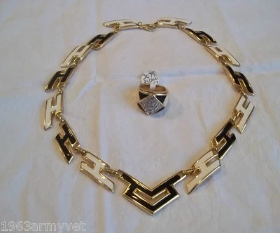 NUEVO Juego de collar y anillo Park Lane chapado en oro/negro/crema estilo Art Deco Foto 1 de 4