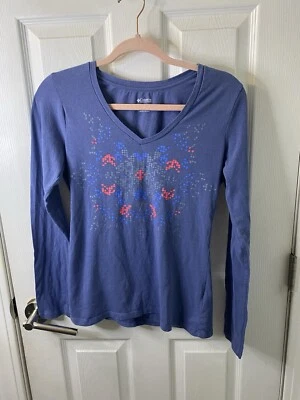 Camiseta Columbia feminina manga longa pequena mistura de algodão azul gola V - Imagem 1 de 4