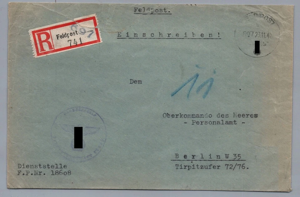 Dt. Reich Feldpost Einschreiben Nordafrika 1942 - Dienstbrief OKH FPNr 18608 - Bild 1 von 2