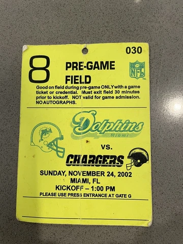 MIAMI DOLPHINS vs San Diego Charger- PREGAME FIELD PASS - 11/24/2002- NFL  RARE Cover