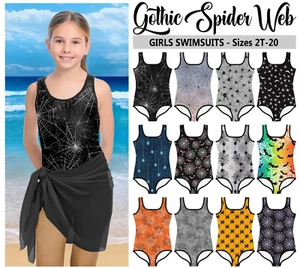 Kids Gothic Spider Web Swimsuit #2 - Baby Girl Teens Bathing Suit Goth Halloween - Picture 1 of 30
