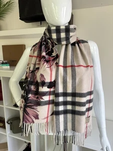 Authentic Burberry Cream White Check Floral 100% Cashmere Reversible Scarf - Picture 1 of 13