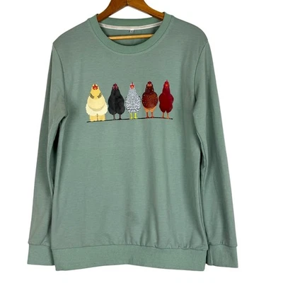 Sudadera con Gráfico de Pollo Para Mujer Mediana Granja Gallina Cuello Redondo Pullover Verde Salvia Foto 1 de 4