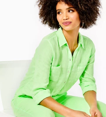 Женская рубашка Lilly Pulitzer с видом на море 100% лен на пуговицах размер XL лаймовая цедра ЧИТАЙТЕ - Изображение 1 из 4