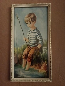 Vintage Dallas Simpson Print Boy With Fishing Rod Framed Glazed - Foto 1 di 6