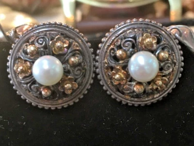 Konstantino 925 Sterling Silver 18K Rose Gold Pearl Flower Earrings * Designer - Image 1 of 4