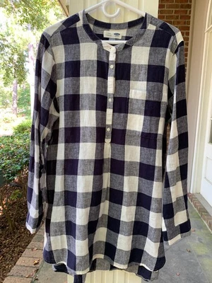 Туника женская Old Navy размер L лен/хлопок темно-синий/белый клетчатый карман с длинным рукавом мягкая - Изображение 1 из 4