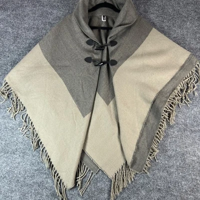 APT 9 Women's Neutral Toned Geometric Pattern Poncho Shawl Toggle Closure Fringe - Image 1 of 4