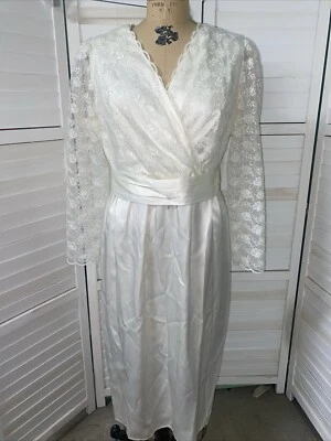 Vintage 70s 2nd Wedding Dress Midi Satin Lace Long Sleeves Tie Sz Med Or Large - Image 1 of 4