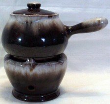 Vintage Brown Drip Lidded Pot With Spout & Handle Over Warmer Base From Japan
