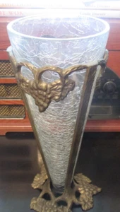 Vintage 10 3/4 IN Crackle Glass Vase With Sculpted Brass Grapes & Leaves Holder - Picture 1 of 3