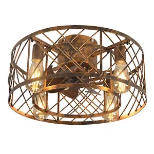 19.7"Rustic Caged Ceiling Fan Light Farmhouse Flush Mount Chandelier with Remote - Picture 1 of 20