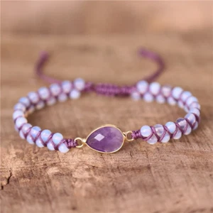 Amethyst Charm Bracelet Opal Beads February Healing Natural Stone Crystals Braid - Picture 1 of 3