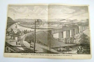 Original 1879 ILLUSTRATION P.C & StL RAILROAD BRIDGE STEUBENVILLE OHIO 21" x 13" - Picture 1 of 2